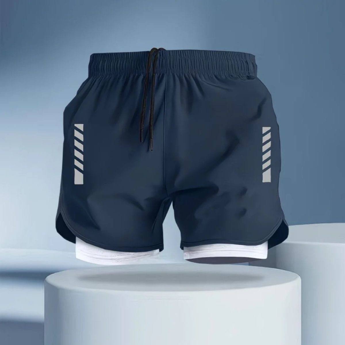 Men's 2-in-1 Athletic Running Shorts with Reflective Stripes - Black