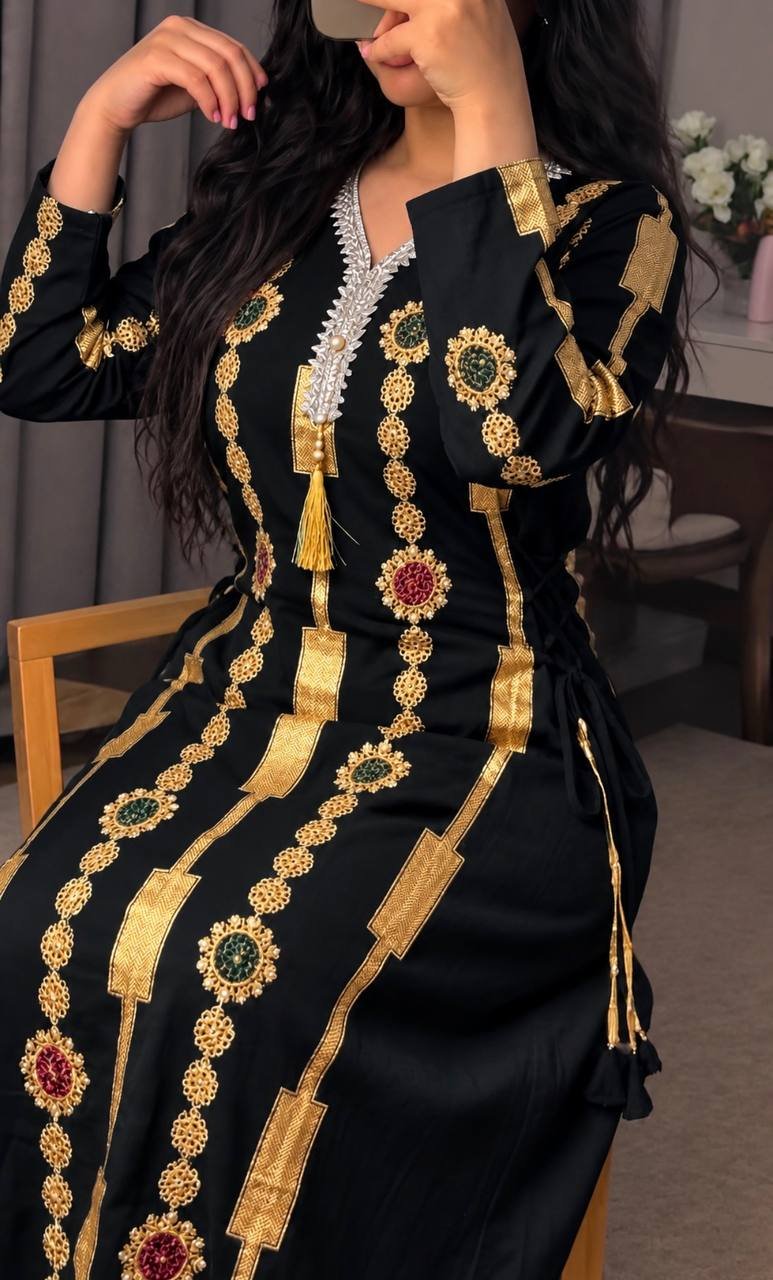 Elegant Black & Gold Embroidered Kaftan Dress with Tassel Detail