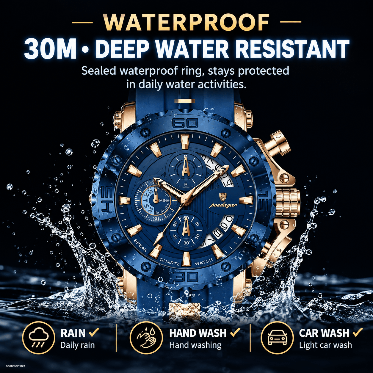 Poedagar Men's Waterproof Chronograph Watch - 30M Deep Water Resistance, Sporty Blue Silicone Strap