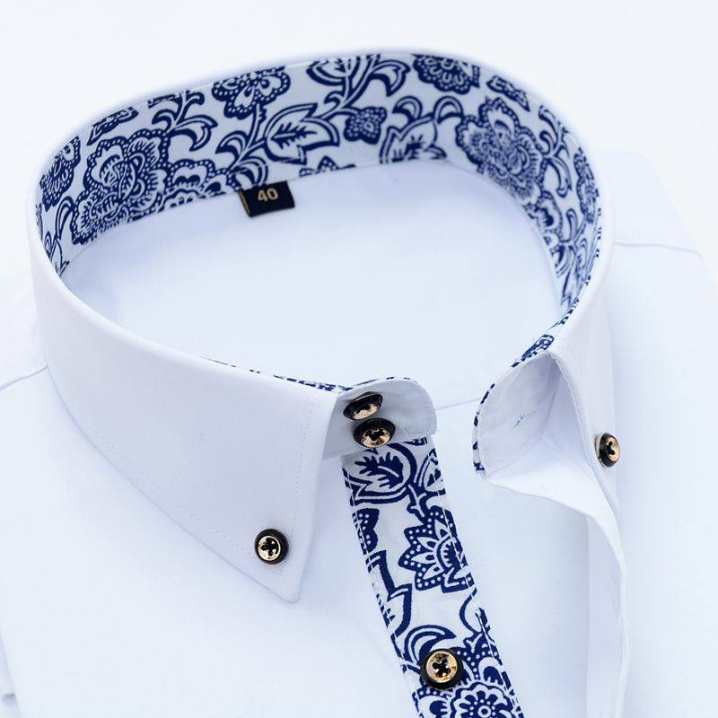 Men's White Button-Down Shirt with Blue Paisley Pattern Collar & Placket