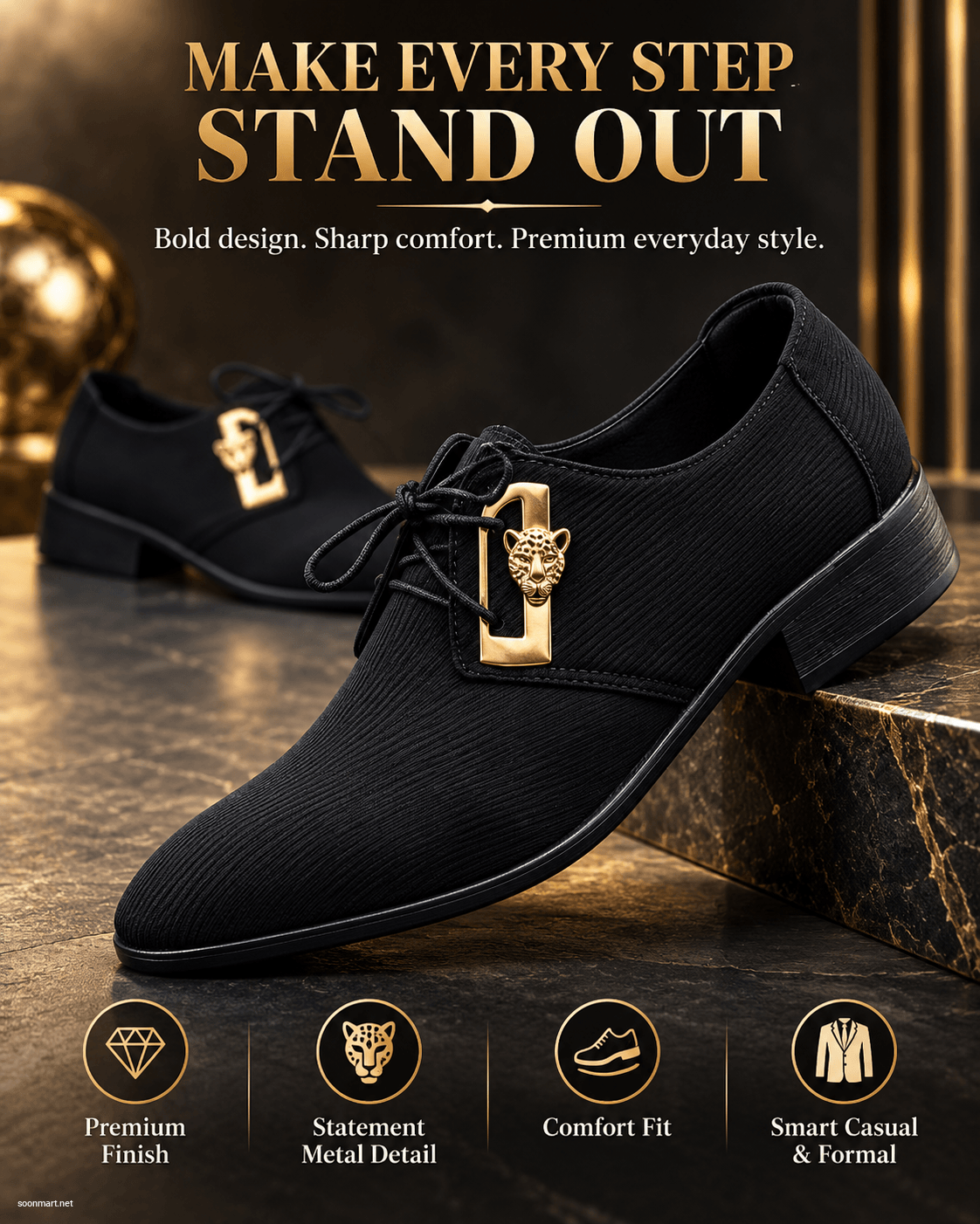 Men's Navy Blue Lace-Up Fabric Shoes with Gold Lion Head Embellishment