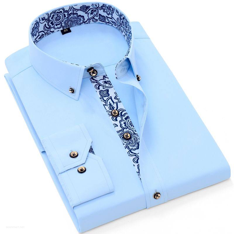Men's White Button-Down Shirt with Blue Paisley Pattern Collar & Placket