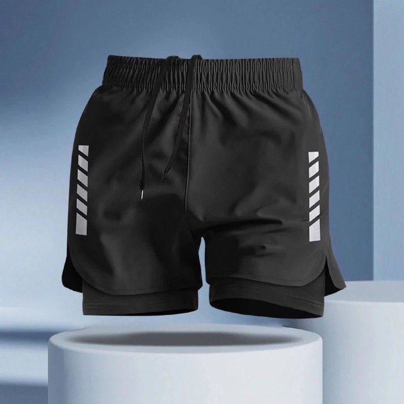 Men's 2-in-1 Athletic Running Shorts with Reflective Stripes - Black