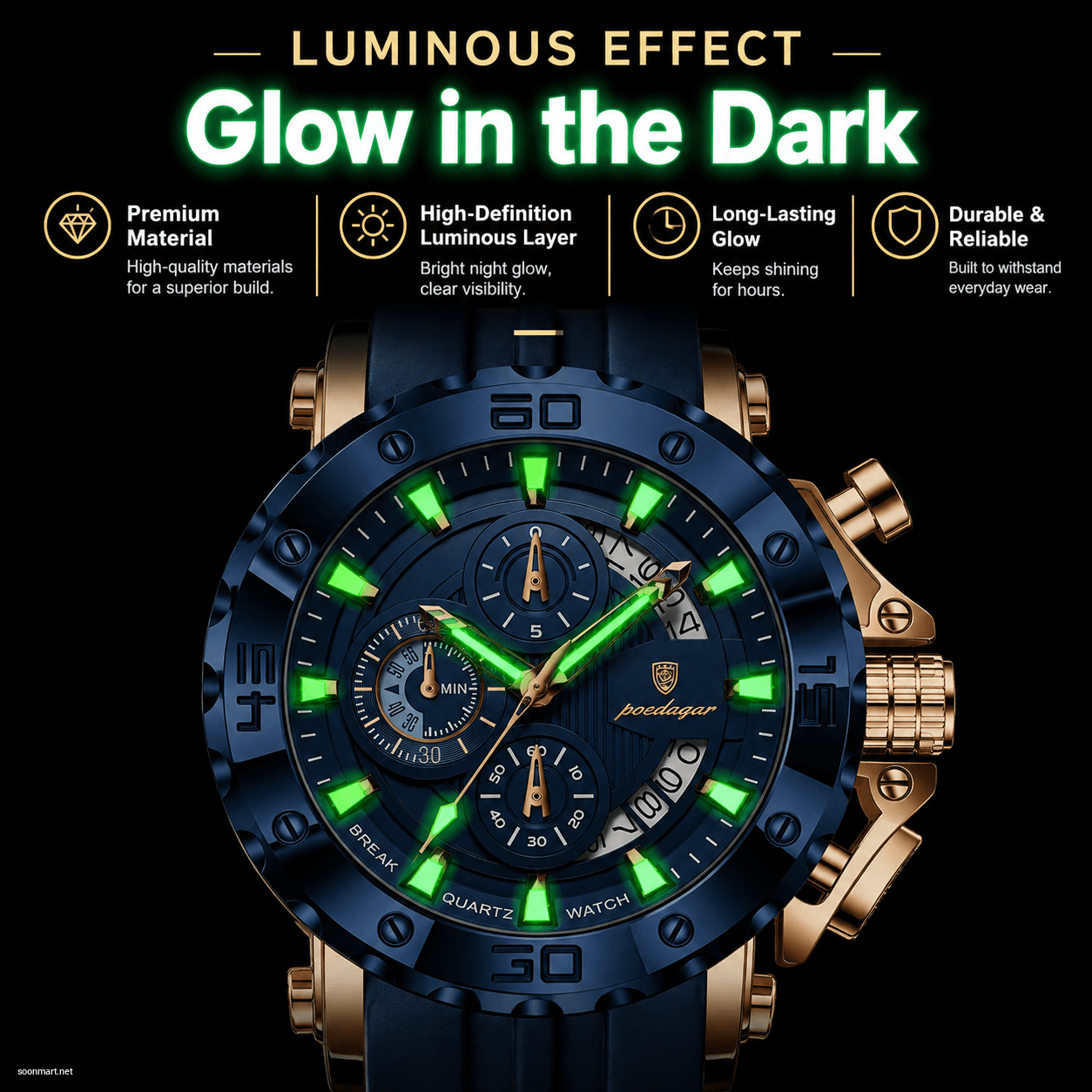 Poedagar Men's Waterproof Chronograph Watch - 30M Deep Water Resistance, Sporty Blue Silicone Strap